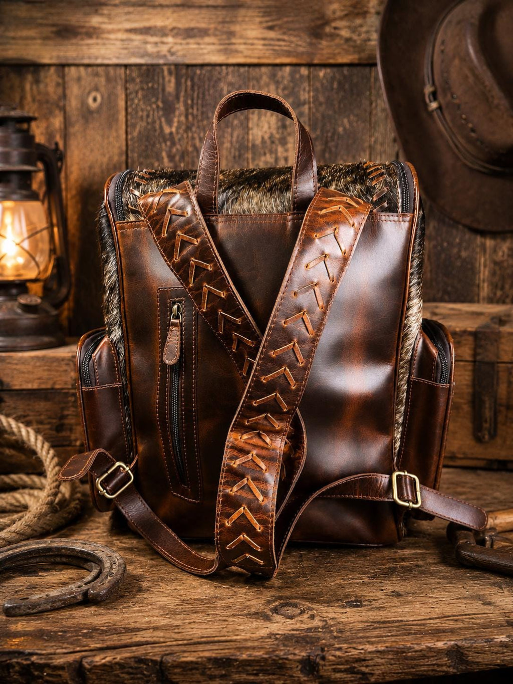 Open Range Genuine Cowhide Leather Backpack - Brindle or Spotted by Double B