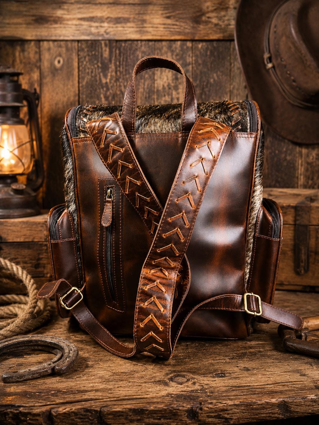 Open Range Genuine Cowhide Leather Backpack - Brindle or Spotted by Double B