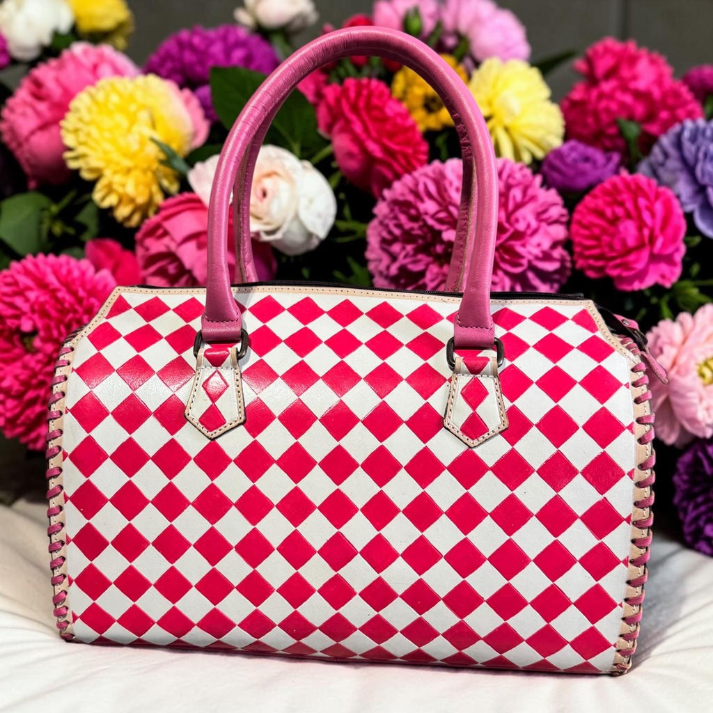 Hot Pink Checkered Speedy Western Genuine Leather Purse and wallet set