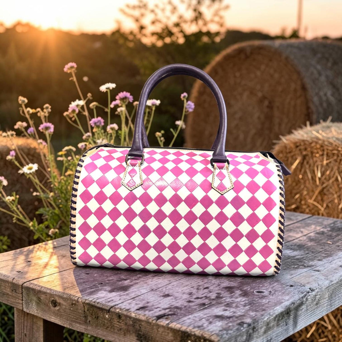 Country Lilac Checkered Speedy Western Genuine Leather Purse