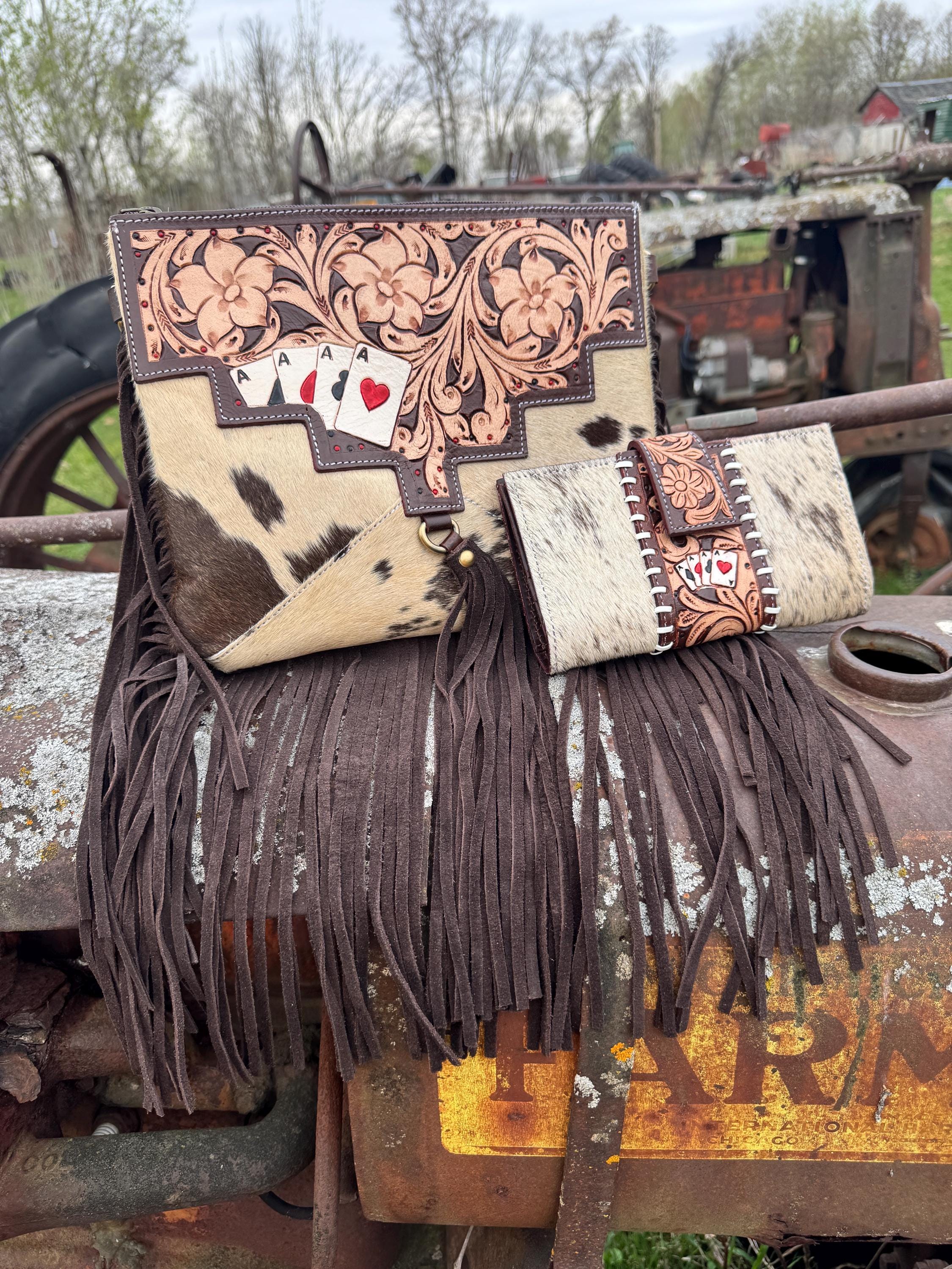 Genuine Western Spotted Cowhide Leather Purse and Wallet with Ace Cards painted details and brown fringe