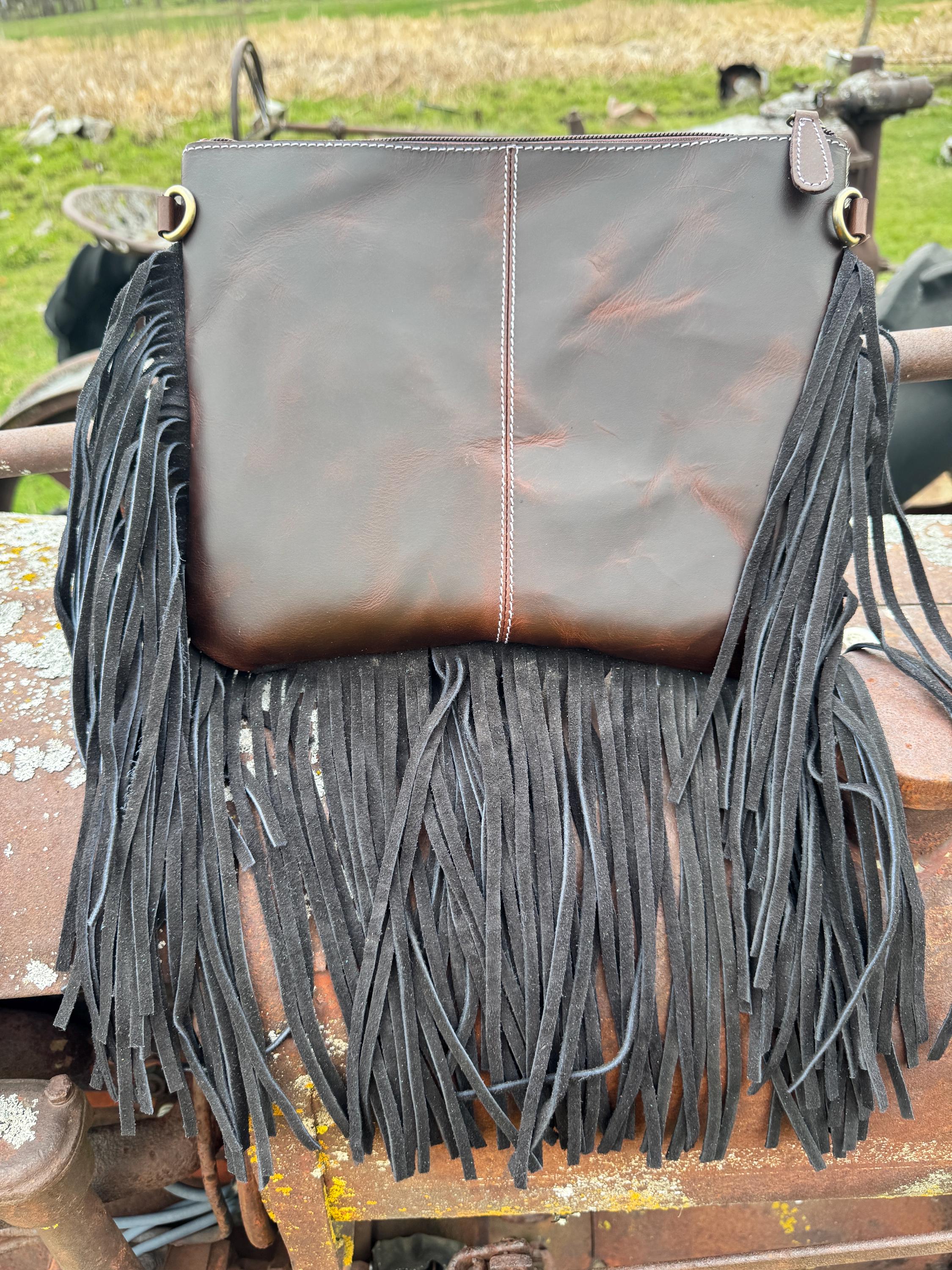 Genuine Western Spotted Cowhide Leather Purse and Wallet with Ace Cards painted details and black fringe