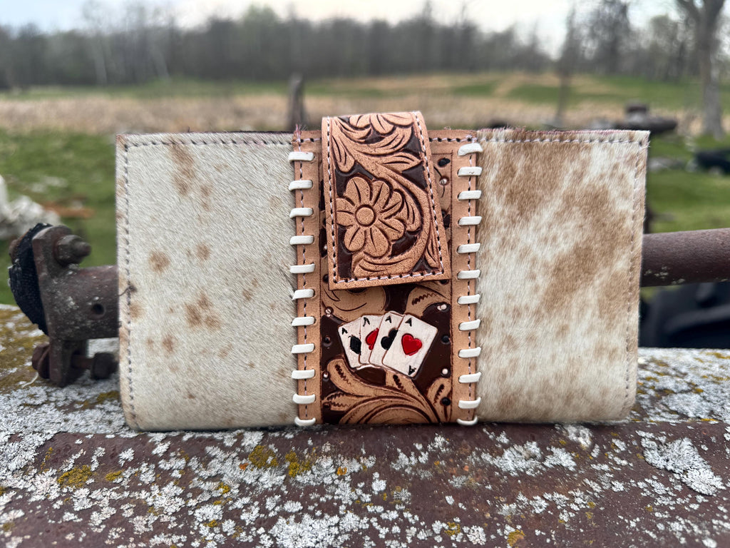 Genuine Western Spotted Cowhide Leather Purse and Wallet with Ace Cards painted details and tan fringe