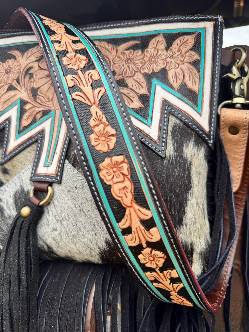 Genuine Western Black Cowhide Leather Fringe Purse and Wallet Set