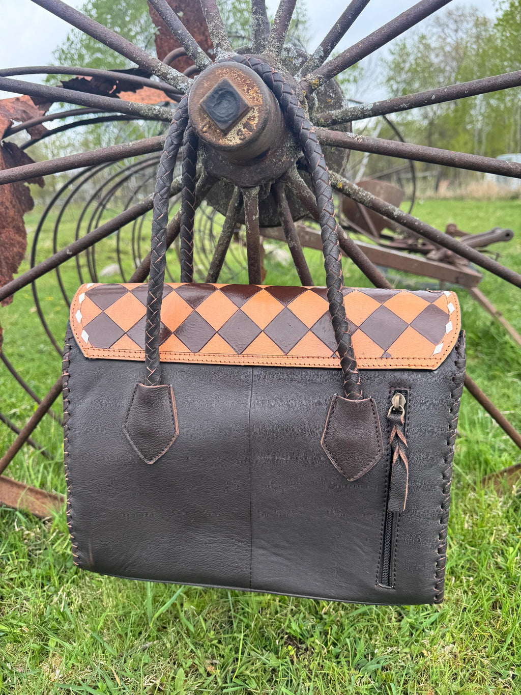 Western Genuine Leather Checkered Handbag by Double B