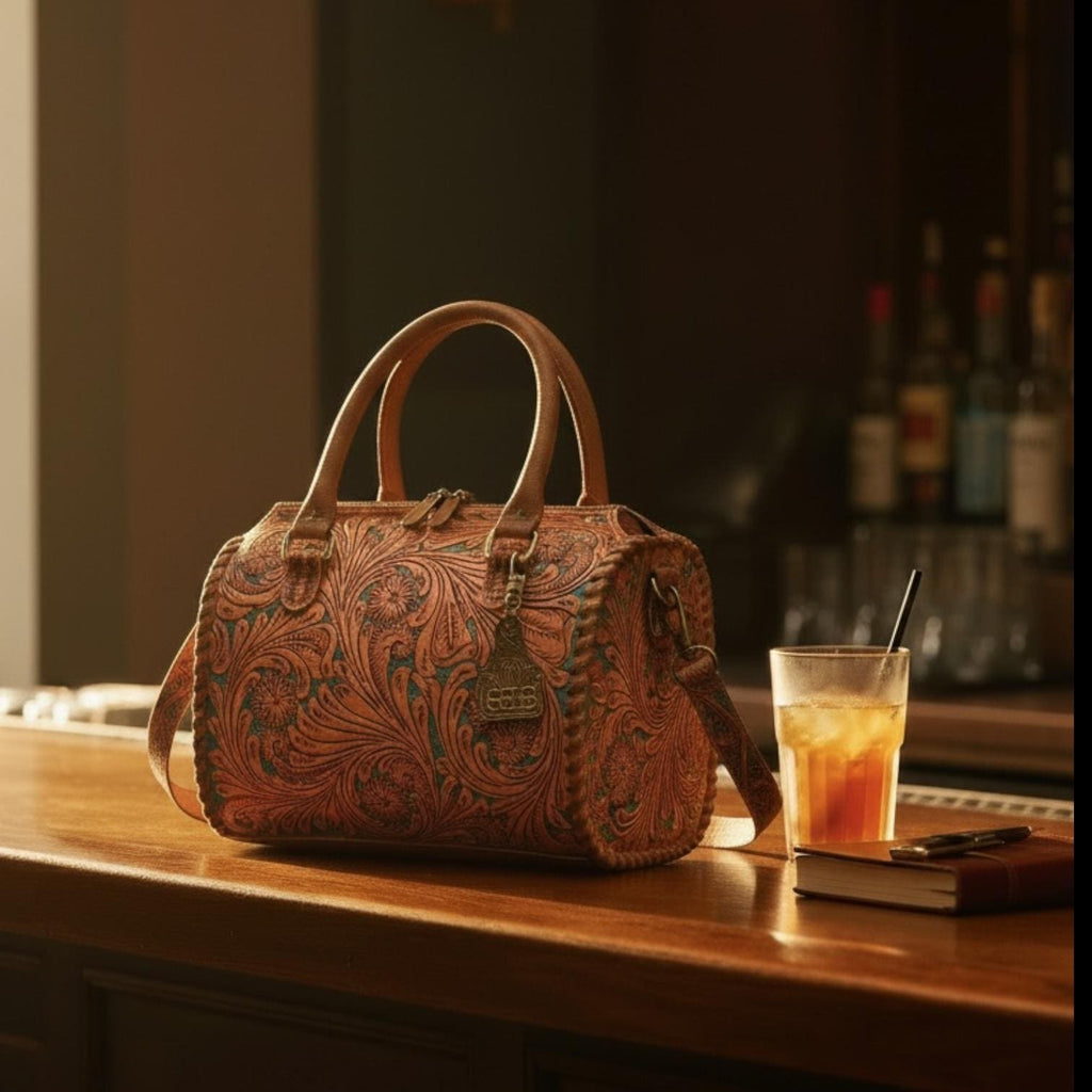 Turquoise and Tan Speedy Western Genuine Leather Barrel Bag Purse by Double B