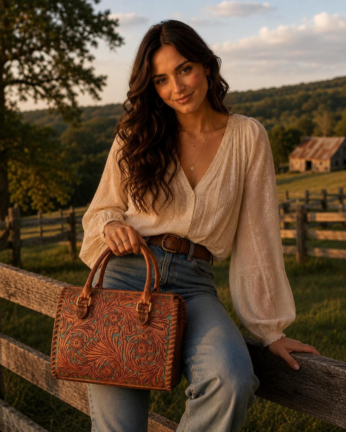 Turquoise and Tan Speedy Western Genuine Leather Barrel Bag Purse by Double B