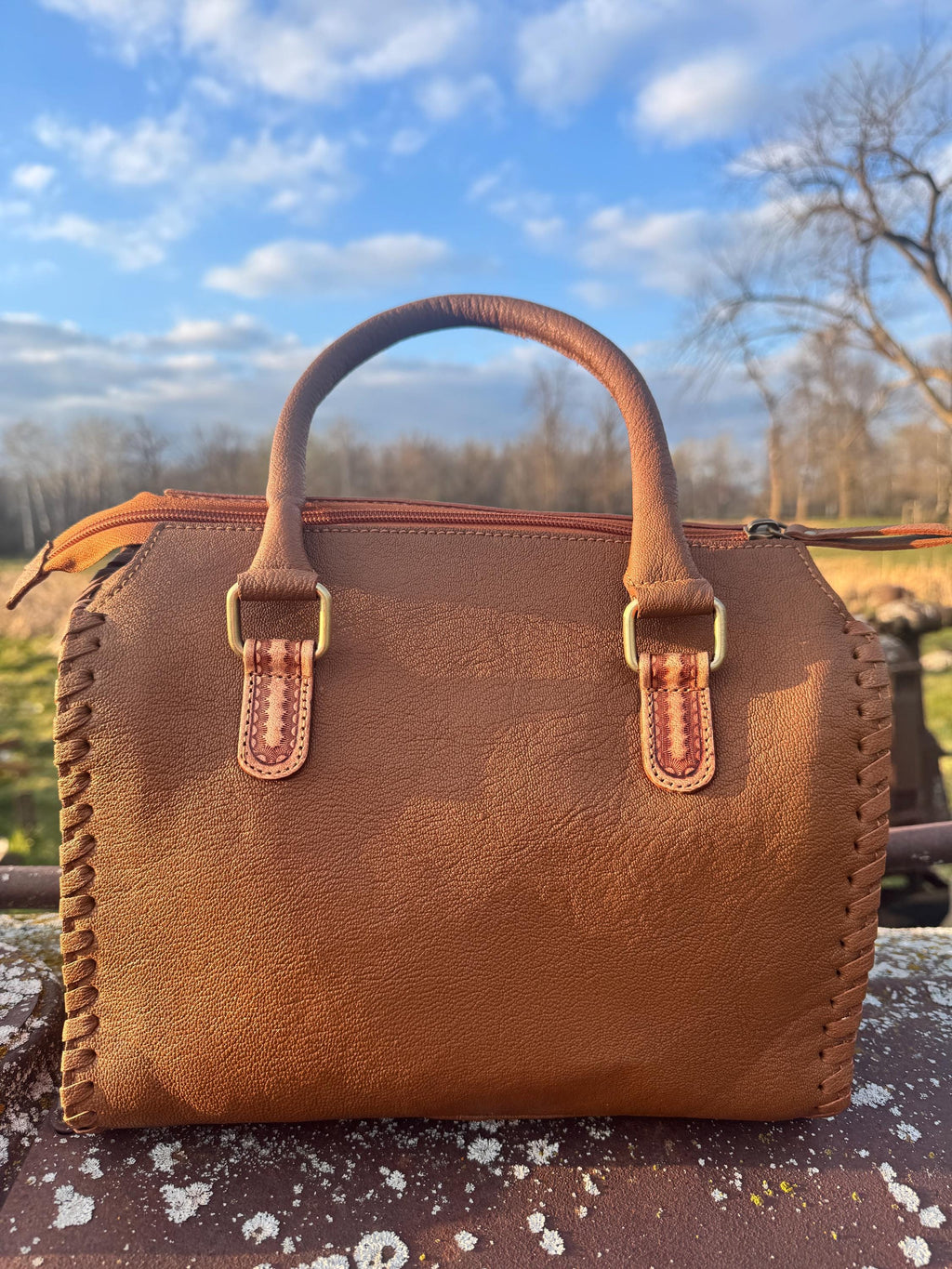 Turquoise and Tan Speedy Western Genuine Leather Barrel Bag Purse by Double B