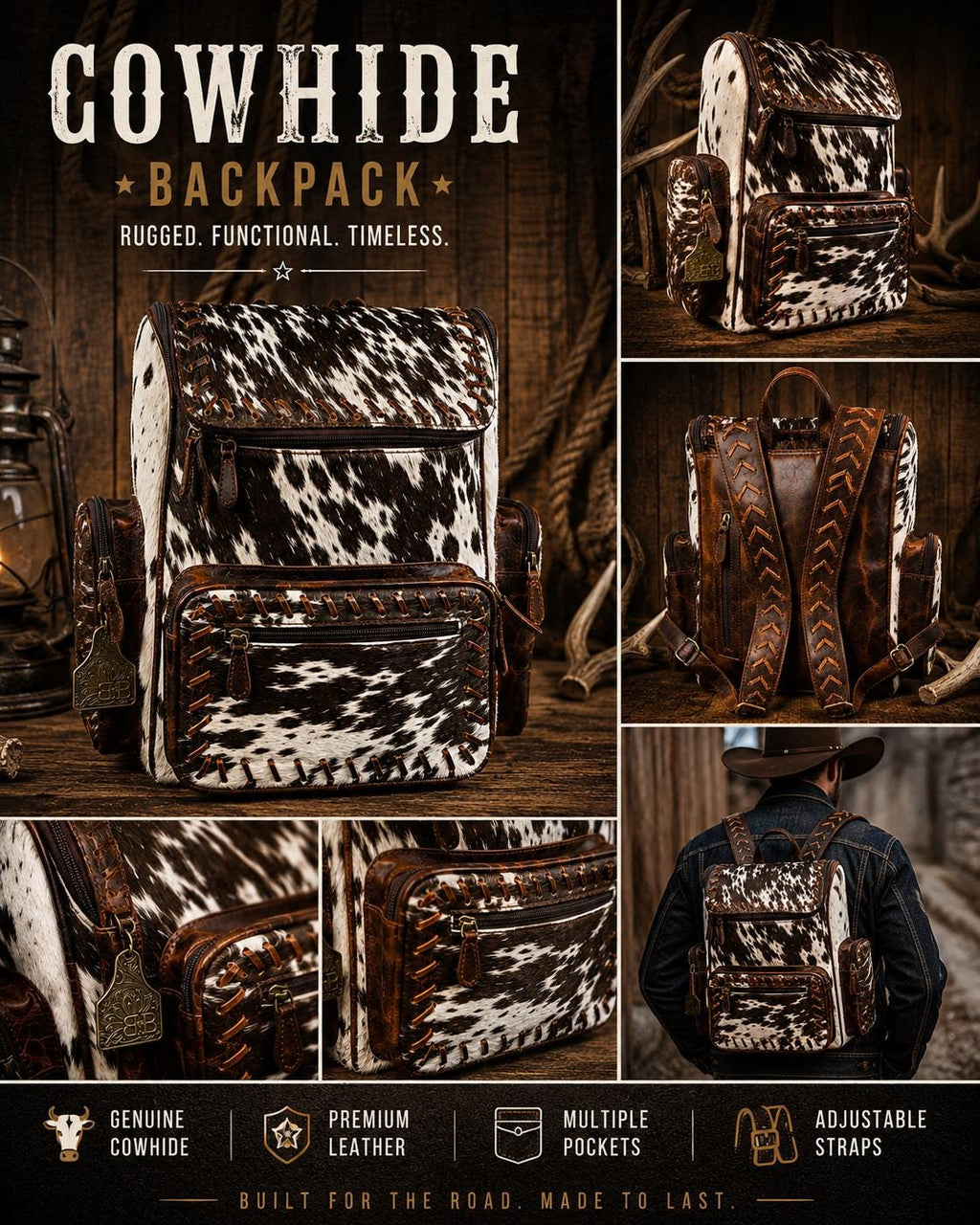 Open Range Genuine Cowhide Leather Backpack - Brindle or Spotted by Double B
