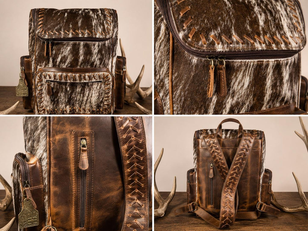 Open Range Genuine Cowhide Leather Backpack - Brindle or Spotted by Double B