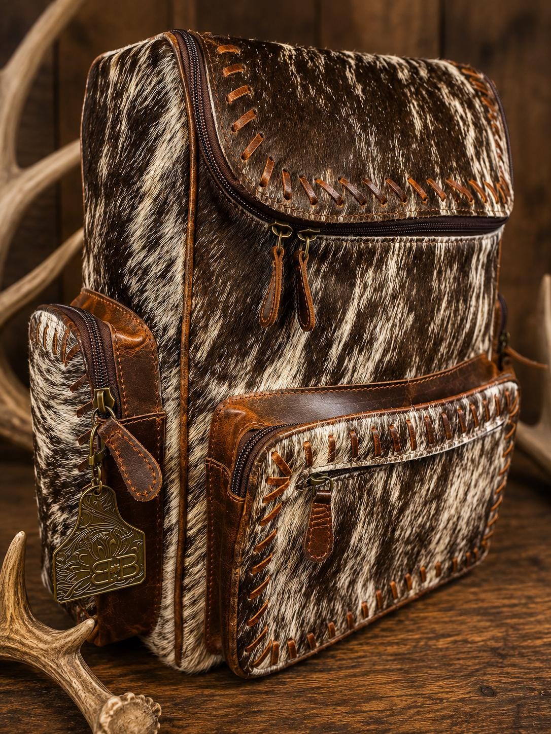 Open Range Genuine Cowhide Leather Backpack - Brindle or Spotted by Double B