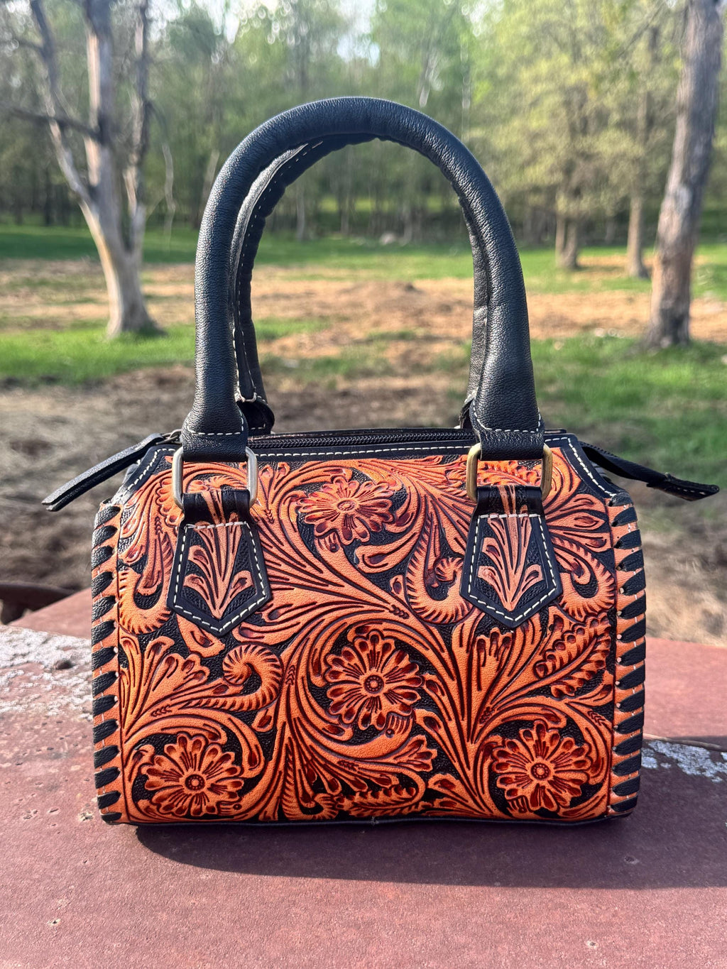 Western Nights Black Speedy Genuine Leather Barrel Bag Purse by Double B