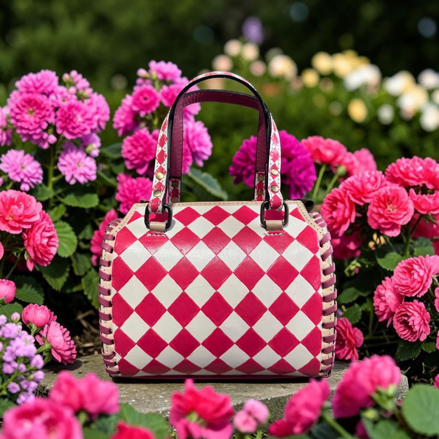 Hot Pink Checkered Speedy Western Genuine Leather Purse and wallet set