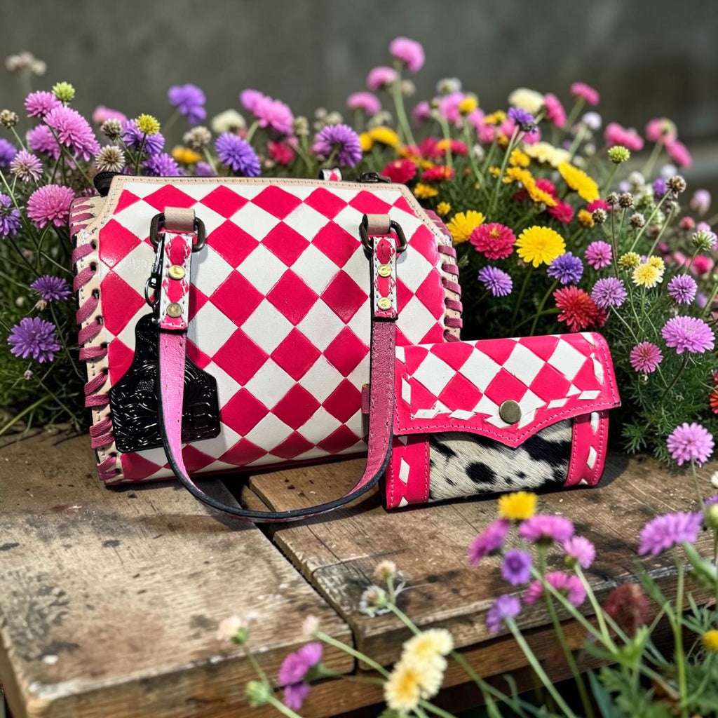 Hot Pink Checkered Speedy Western Genuine Leather Purse and wallet set