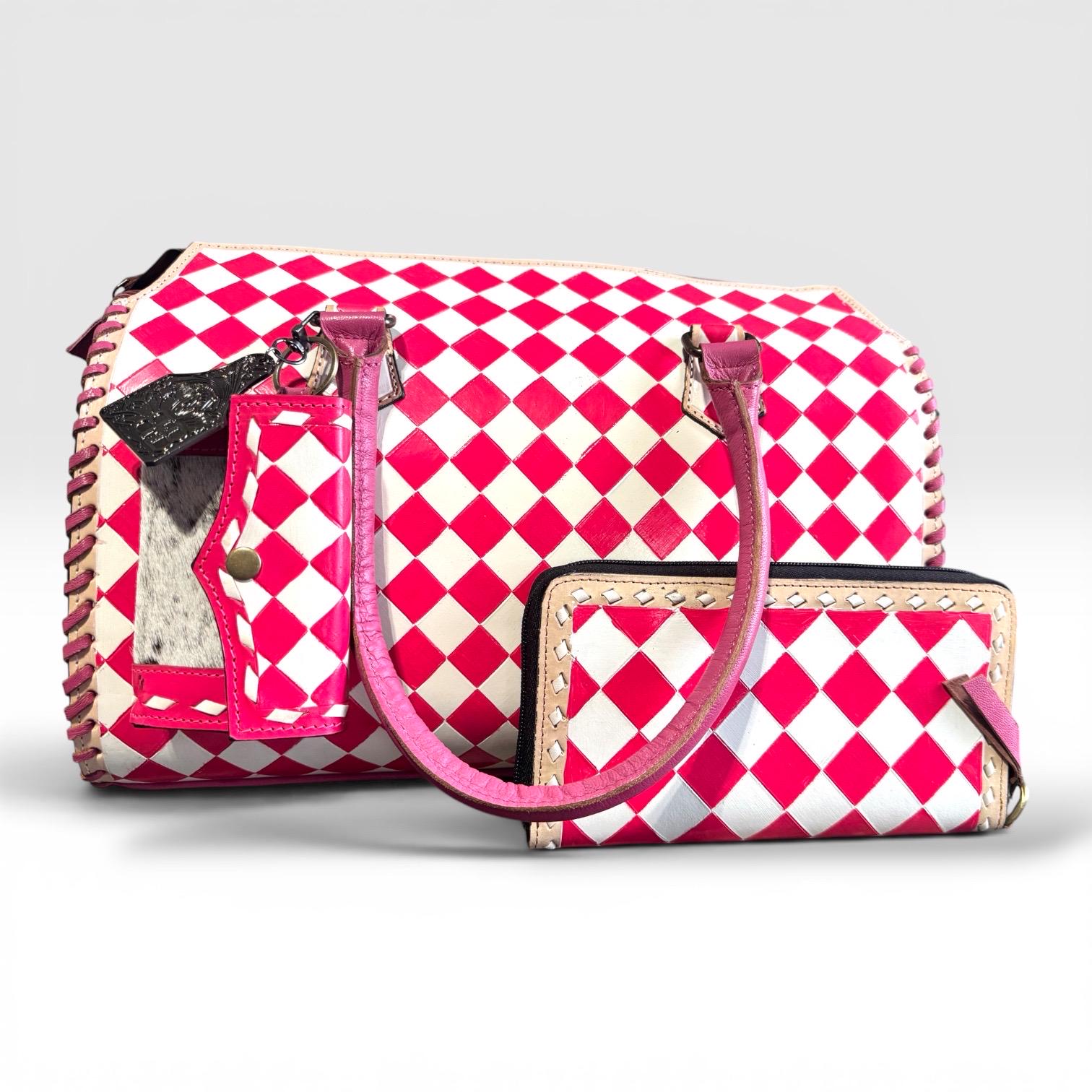 Hot Pink Checkered Speedy Western Genuine Leather Purse and wallet set