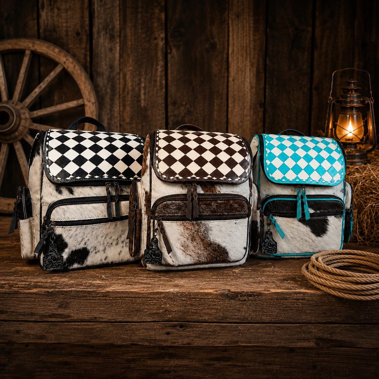 Checkered Genuine Cowhide Leather Backpack by Double B