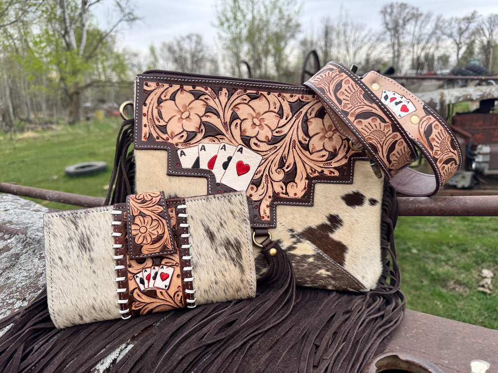 Genuine Western Spotted Cowhide Leather Purse and Wallet with Ace Cards painted details and brown fringe