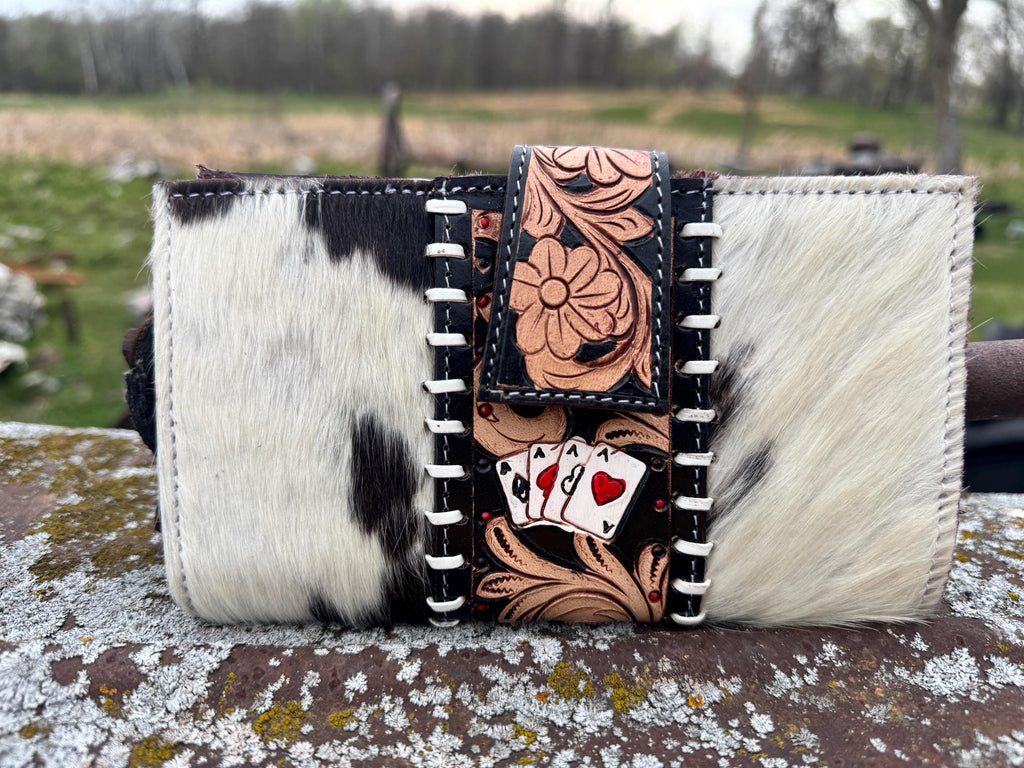 Genuine Western Spotted Cowhide Leather Purse and Wallet with Ace Cards painted details and black fringe