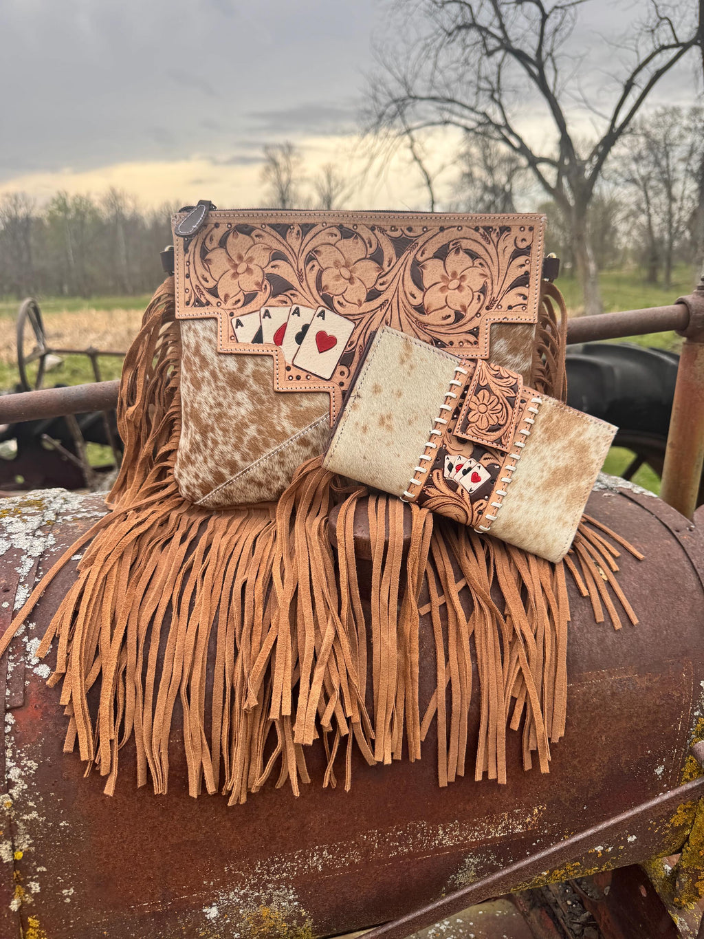 Genuine Western Spotted Cowhide Leather Purse and Wallet with Ace Cards painted details and tan fringe