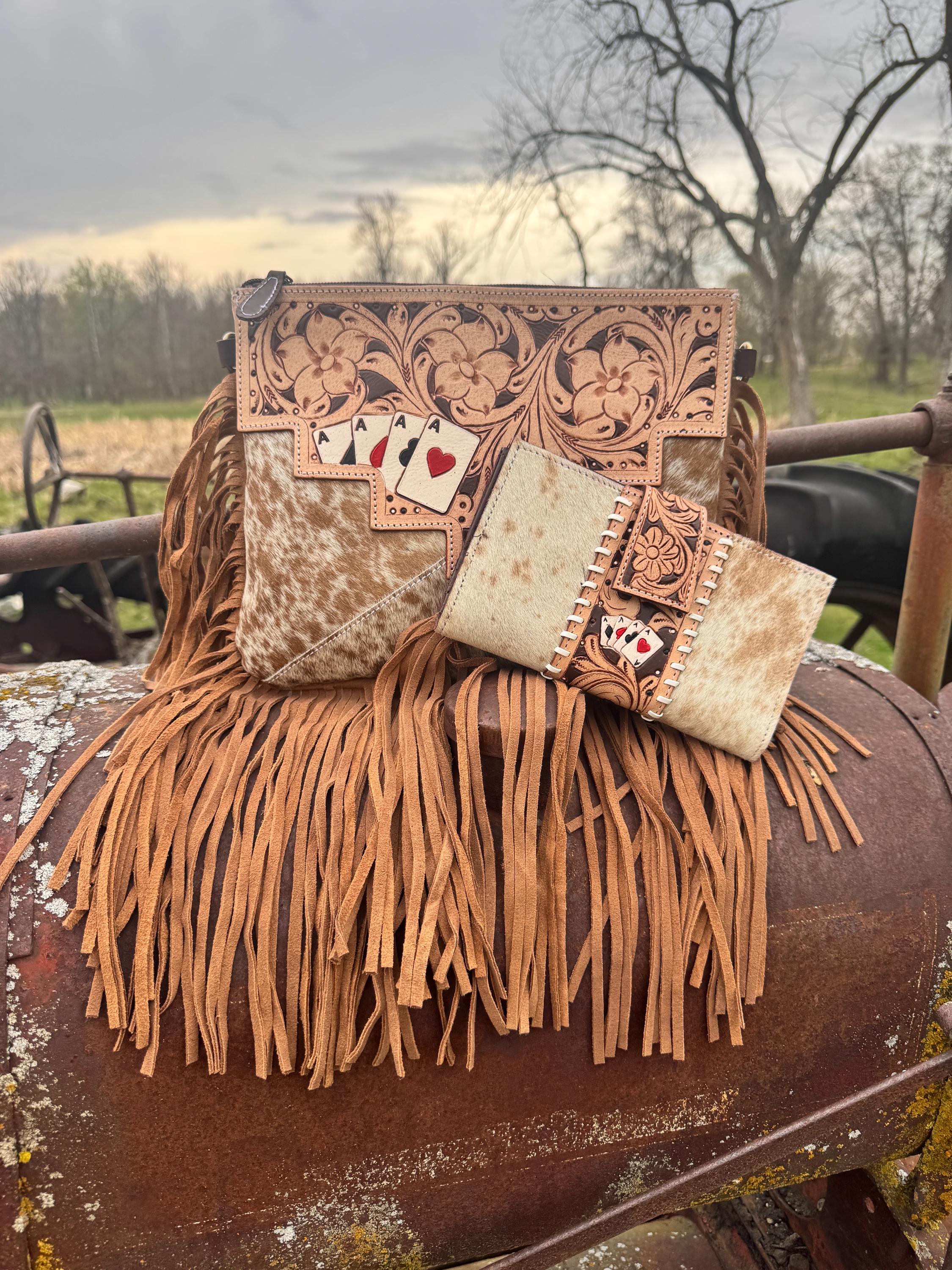 Genuine Western Spotted Cowhide Leather Purse and Wallet with Ace Cards painted details and tan fringe