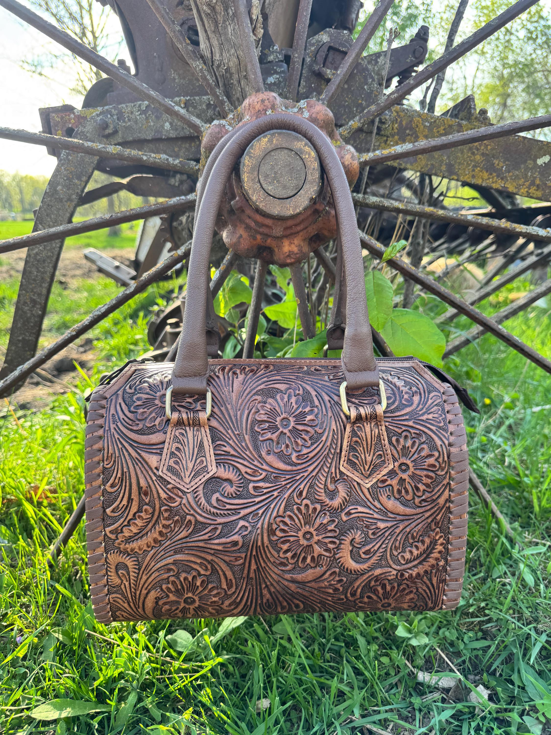 Chestnut Brown Speedy Western Genuine Leather Barrel Bag Purse by Double B