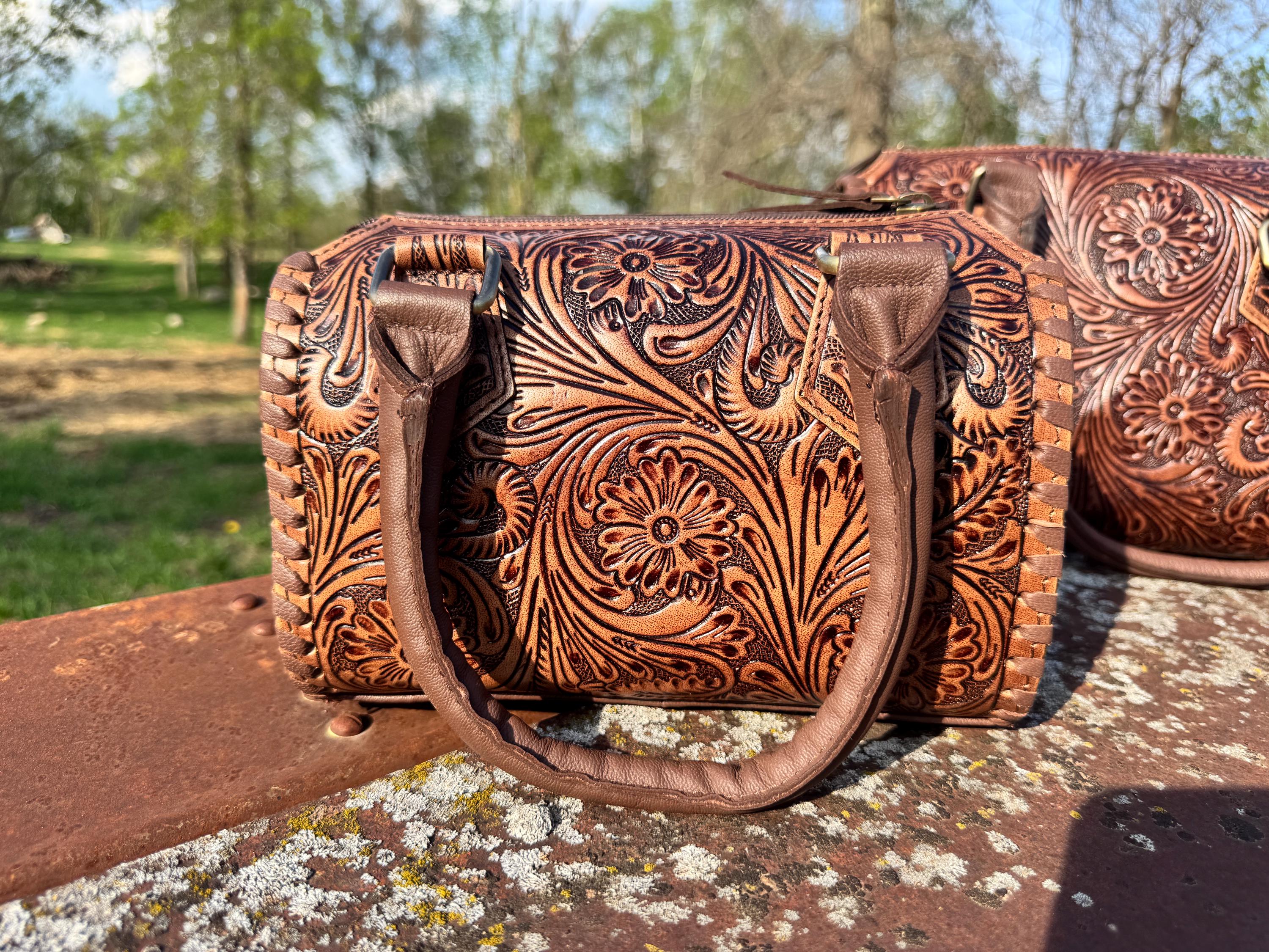 Chestnut Brown Speedy Western Genuine Leather Barrel Bag Purse by Double B