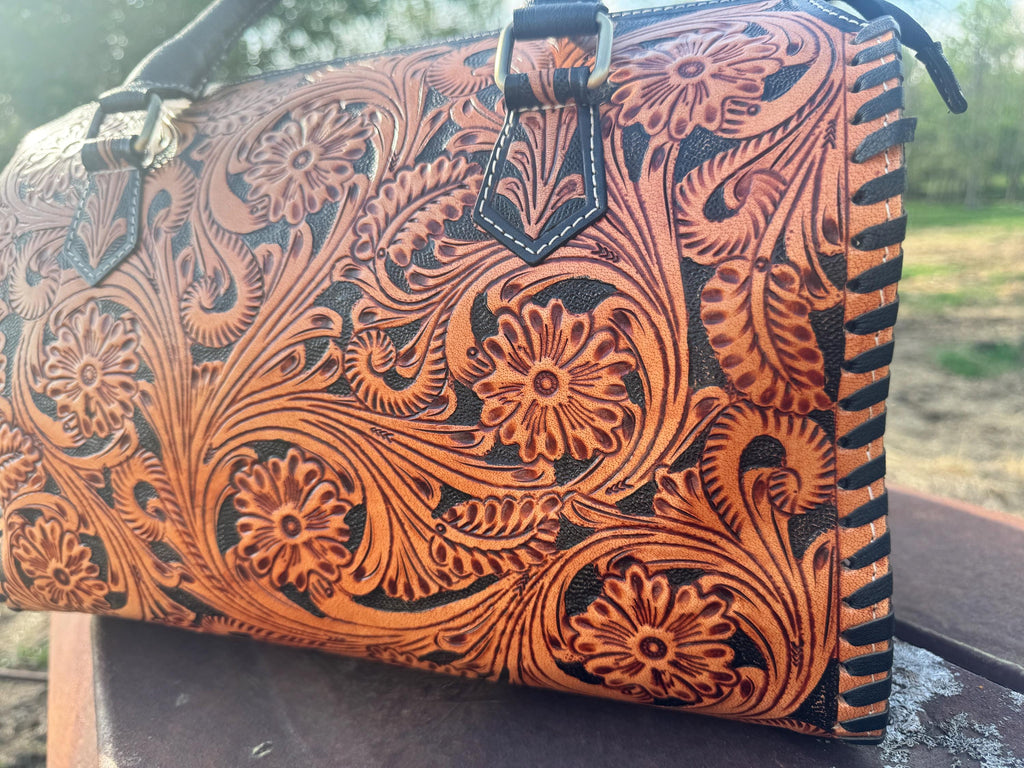 Western Nights Black Speedy Genuine Leather Barrel Bag Purse by Double B