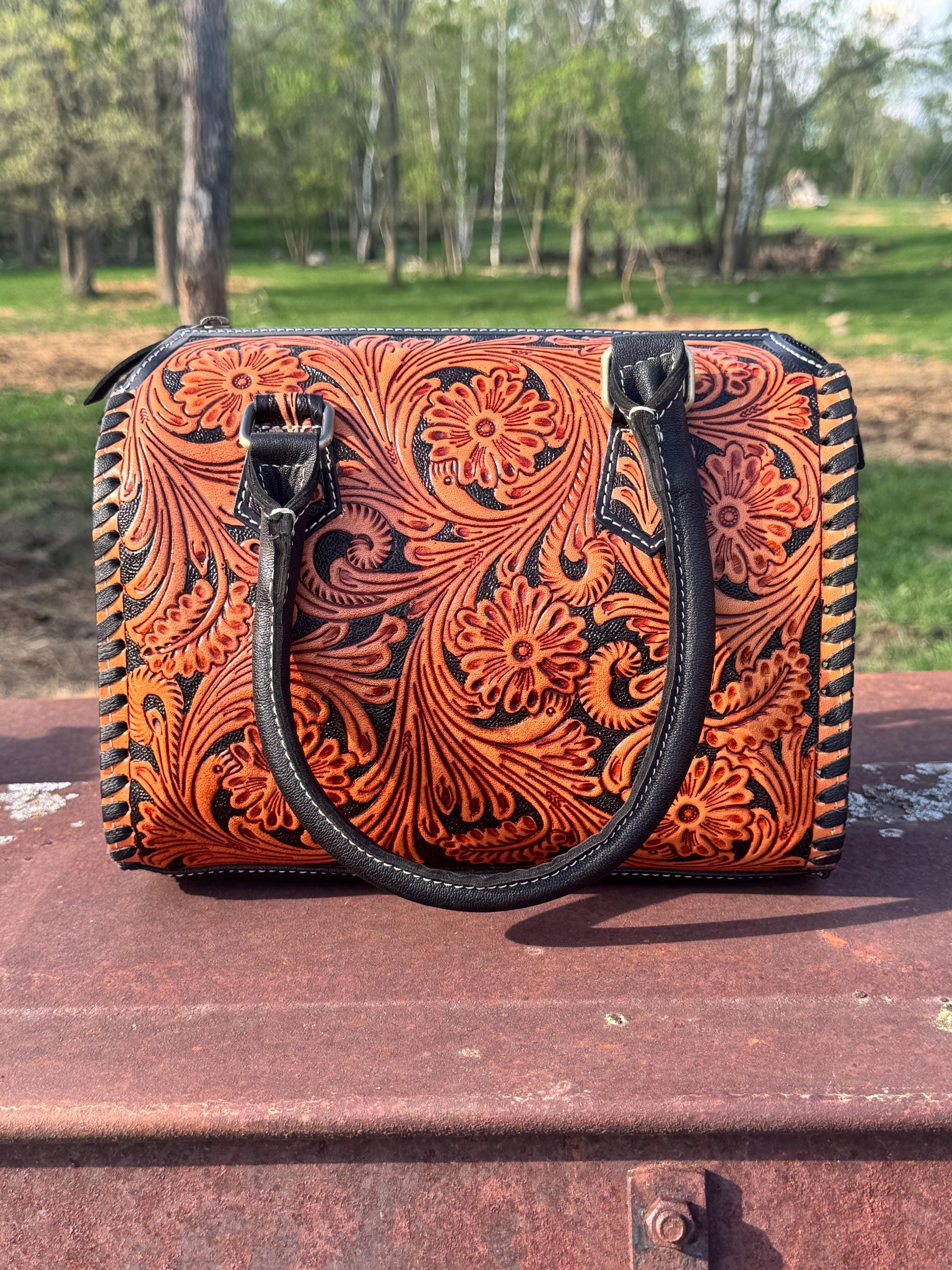 Western Nights Black Speedy Genuine Leather Barrel Bag Purse by Double B