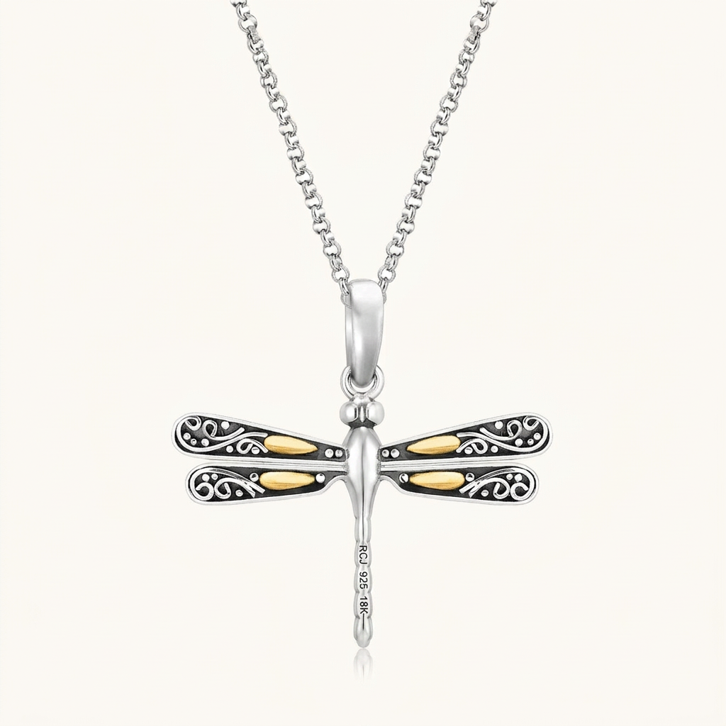 18k Yellow Gold and Sterling Silver Pendant in a Dragonfly Design
