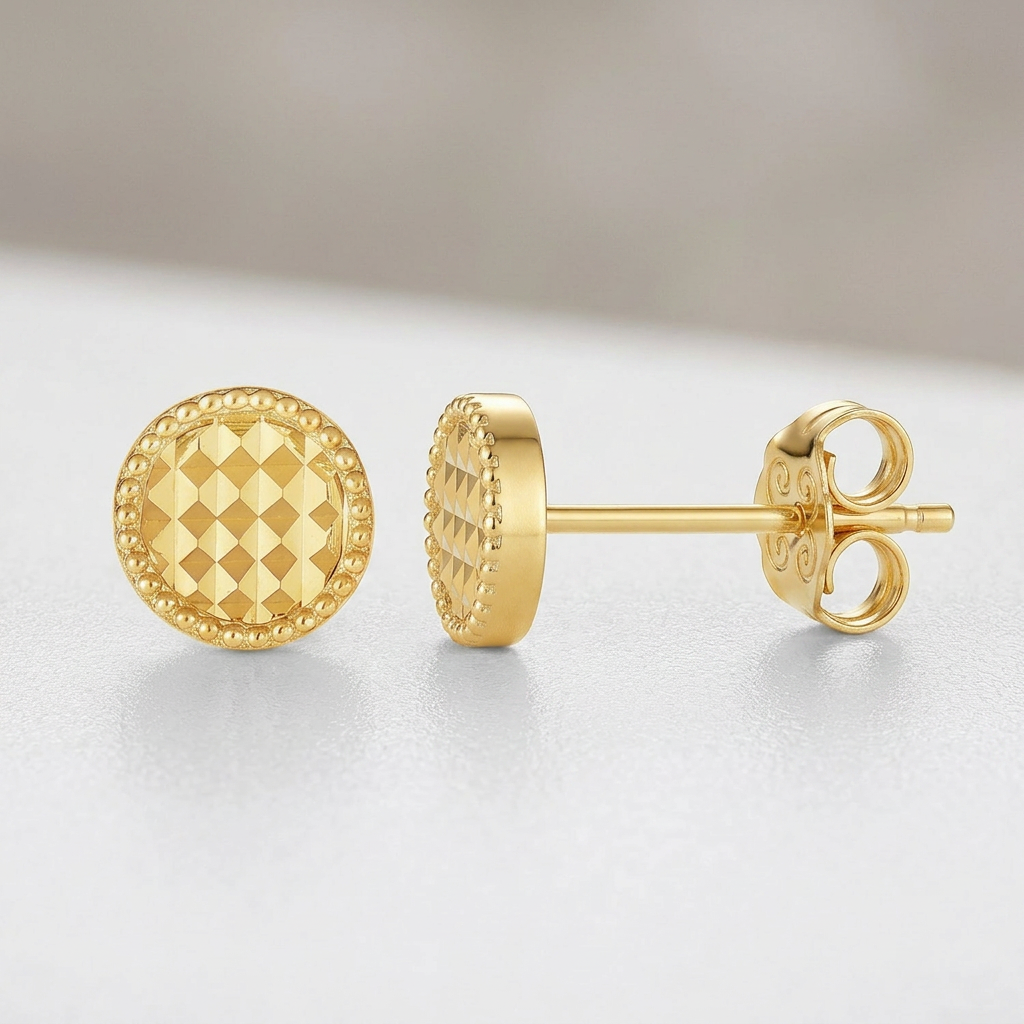 14k Yellow Gold Textured Circle Post Earrings