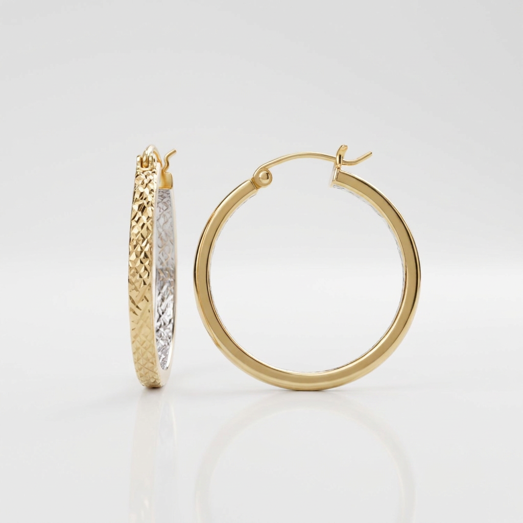 Two-Tone Yellow and White Gold Petite Patterned Hoop Earrings