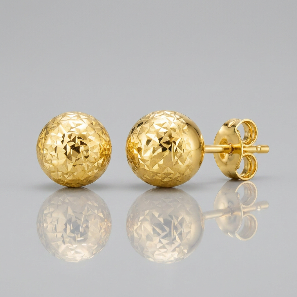 14k Yellow Gold Ball Earrings with Crystal Cut Texture