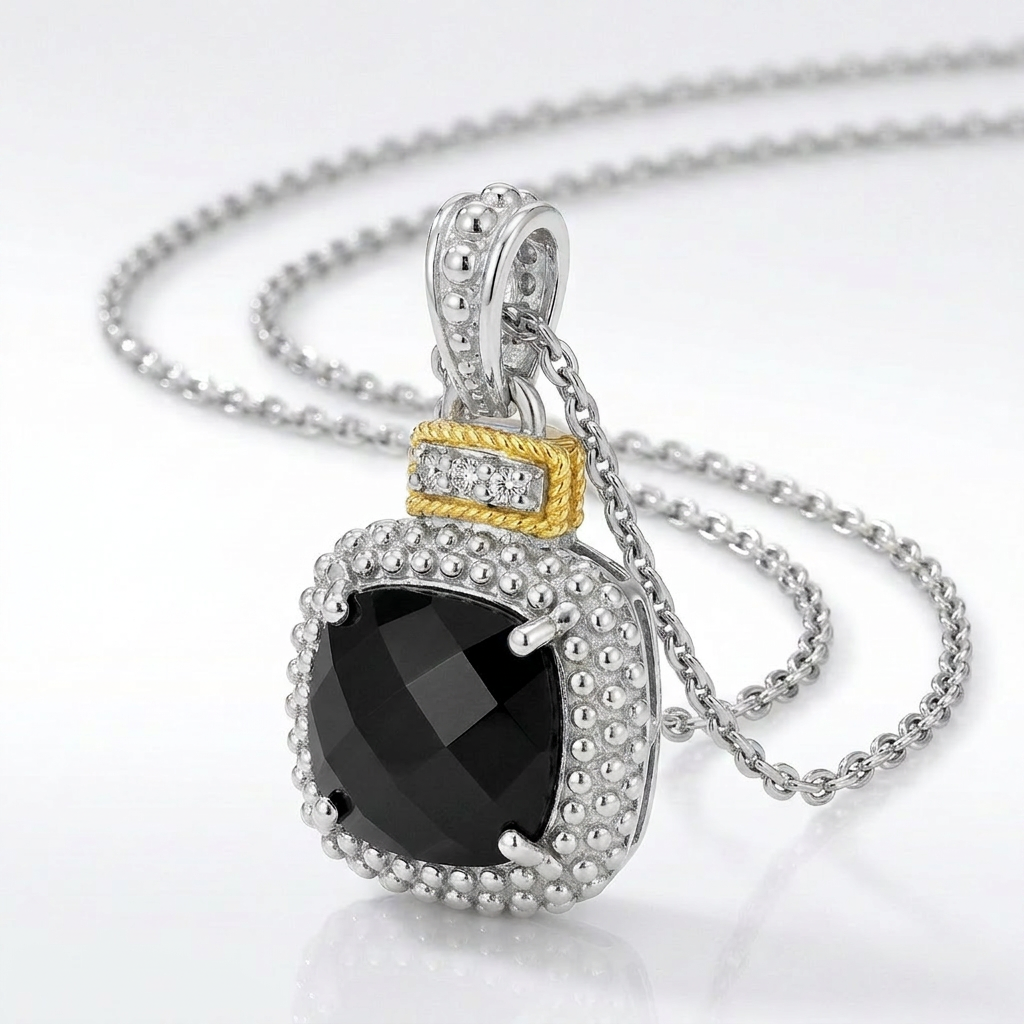 18k Yellow Gold & Sterling Silver Popcorn Cushion Black Onyx and Diamond Pendant