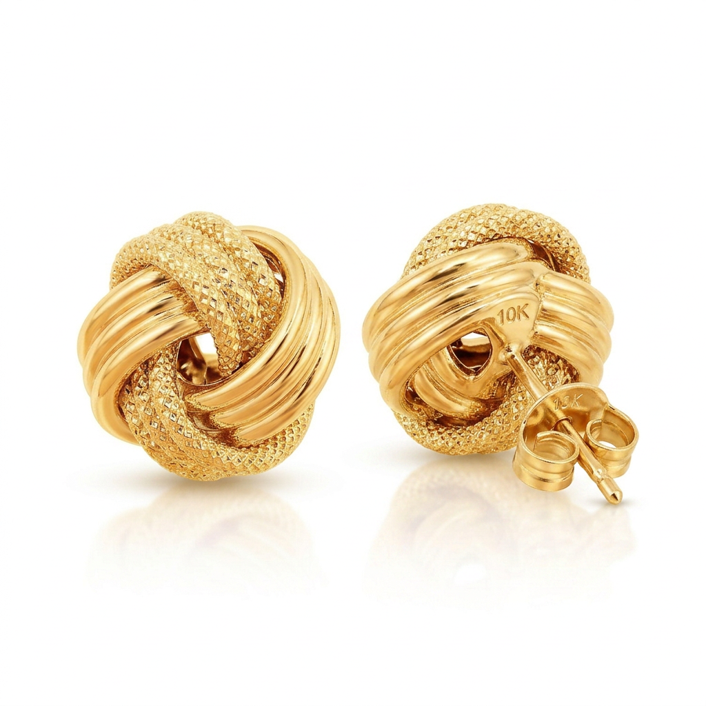 10k Yellow Gold Love Knot with Ridge Texture Earrings
