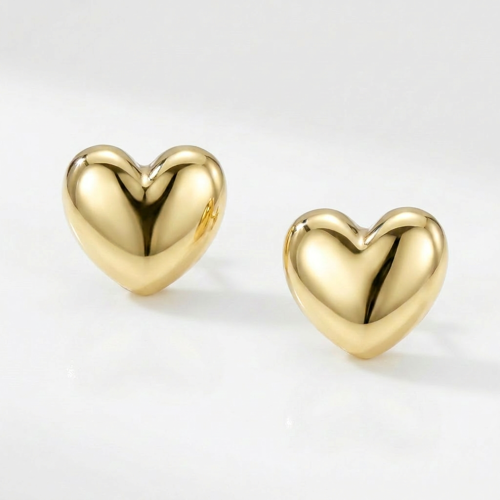 14k Yellow Gold Puffed Heart Shape Shiny Earrings