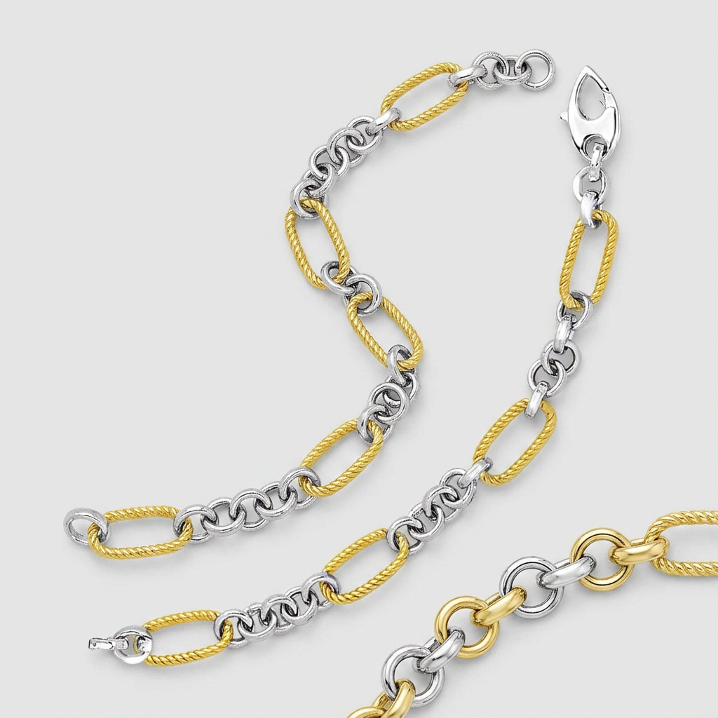 14k Two-Tone Gold Bracelet with Cable Textured Oval and Round Links