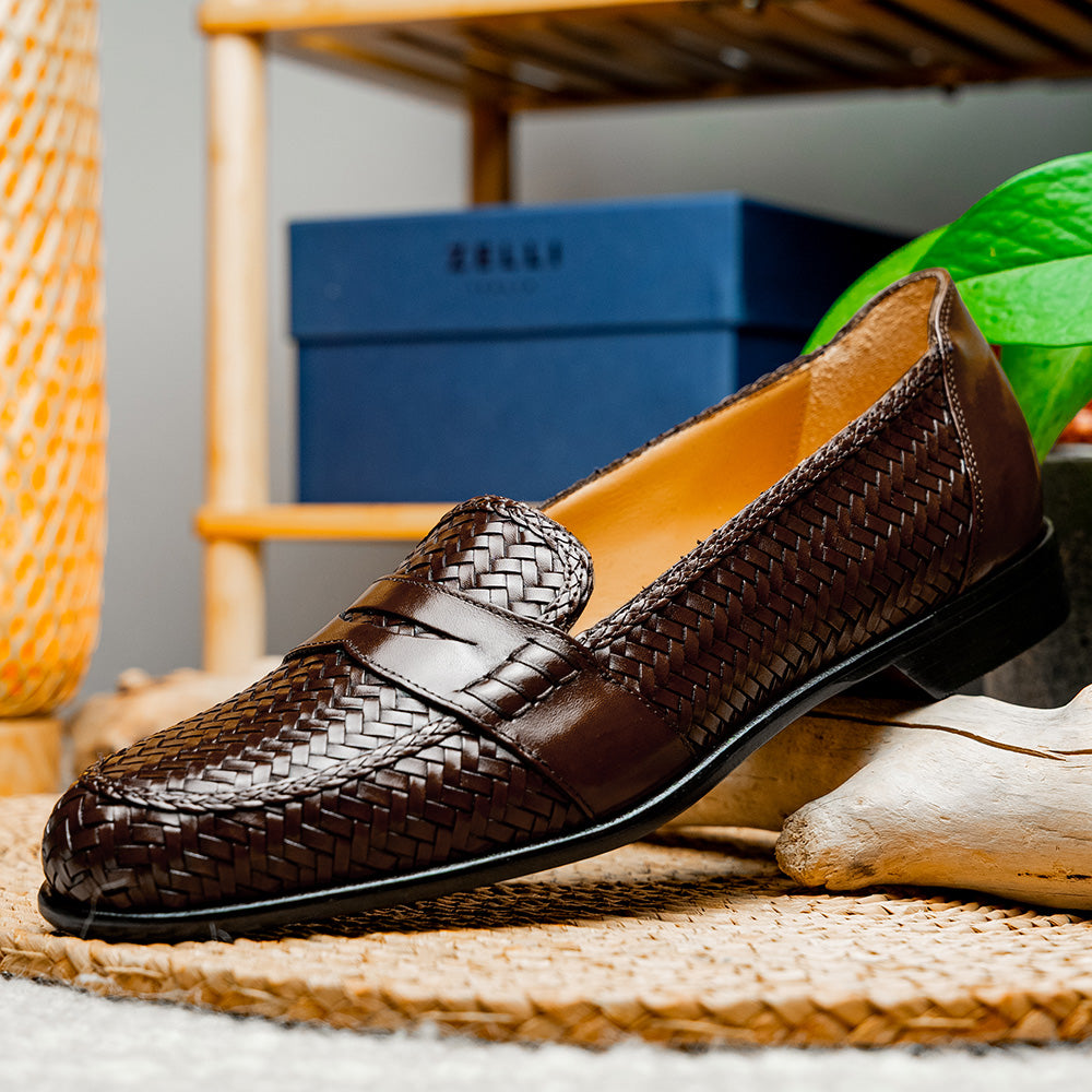15-585-BRN NICOLA Italian Calfskin Basketweave, Dark  Brown