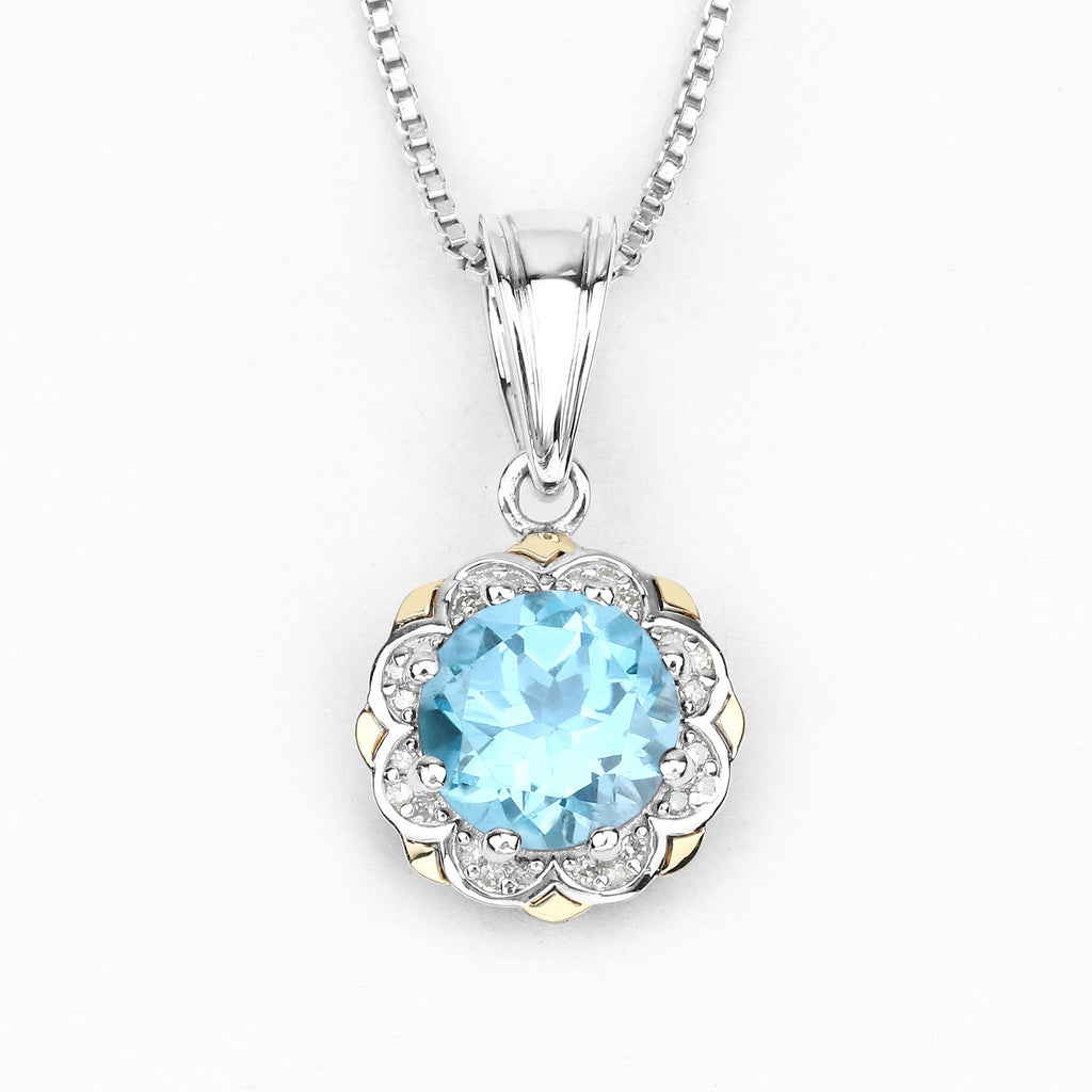 2.32 Carat Genuine Swiss Blue Topaz & White Diamond 14K Yellow Gold with .925 Silver Pendant