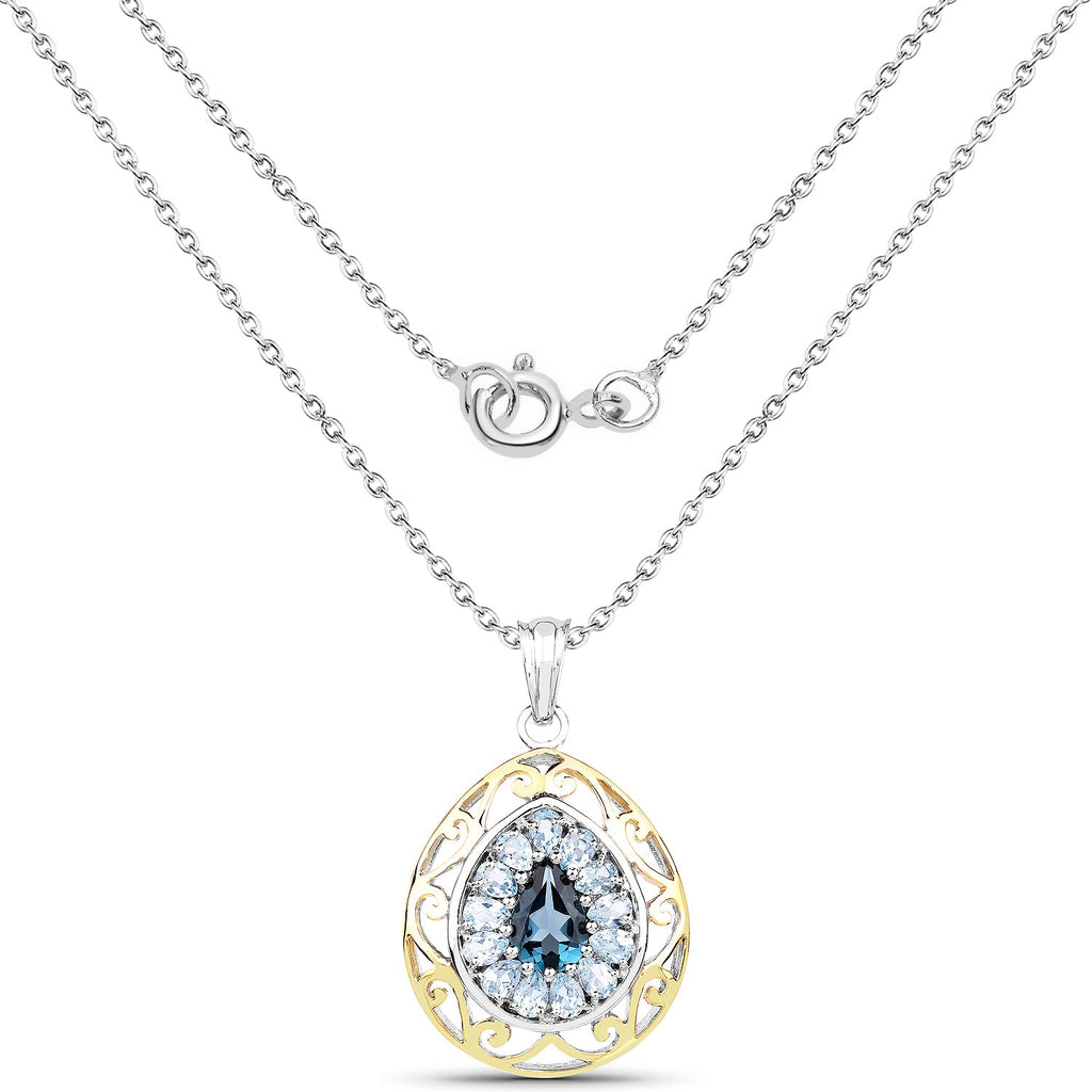 18K Yellow Gold Plate 4.44 Carat Genuine London Blue Topaz & Blue Topaz .925 Sterling Silver Pendant