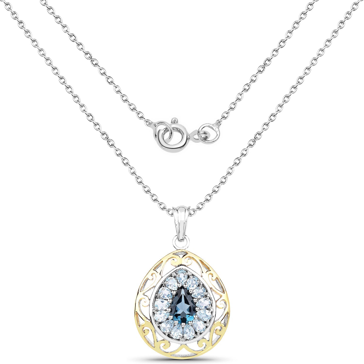18K Yellow Gold Plate 4.44 Carat Genuine London Blue Topaz & Blue Topaz .925 Sterling Silver Pendant