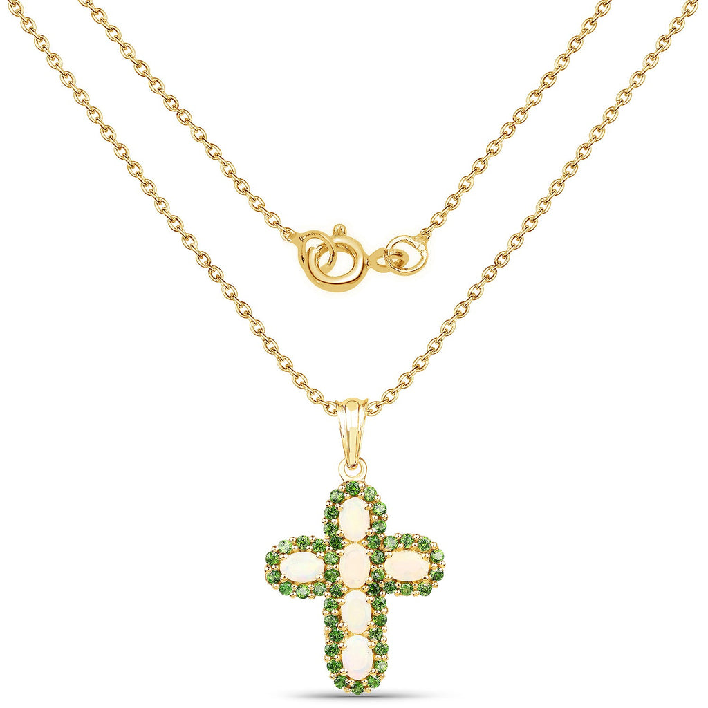 14K Yellow Gold Plate 3.11 Carat Genuine Ethiopian Opal & Chrome Diopside .925 Silver Pendant