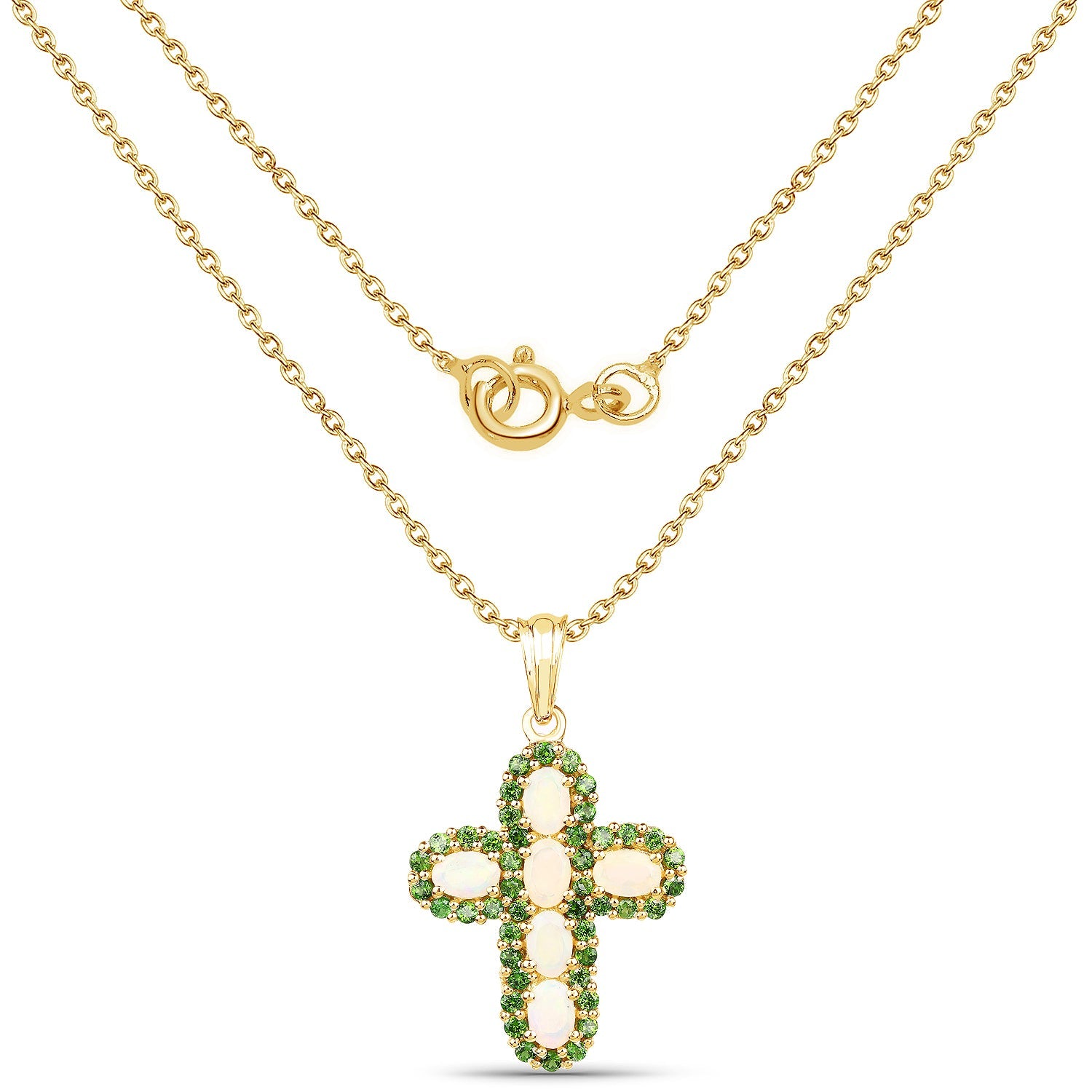 14K Yellow Gold Plate 3.11 Carat Genuine Ethiopian Opal & Chrome Diopside .925 Silver Pendant