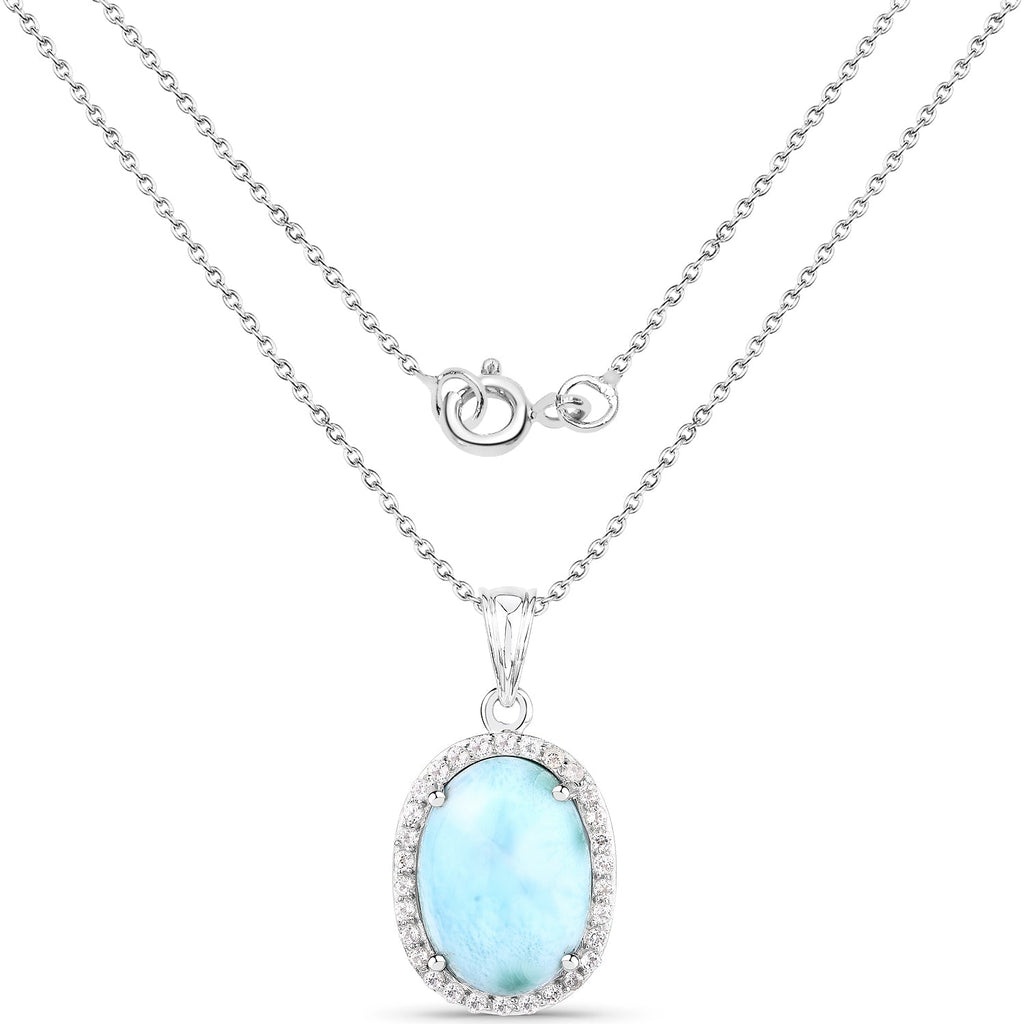 13.55 Carat Genuine Larimar and White Topaz .925 Sterling Silver Pendant