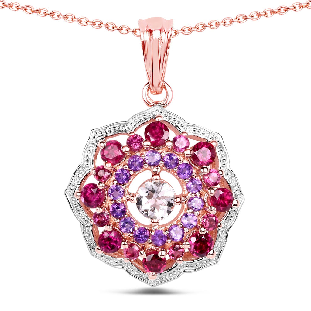 14K Rose Gold Plated 2.30 Carat Genuine Morganite, Rhodolite & Amethyst .925 Sterling Silver Pendant