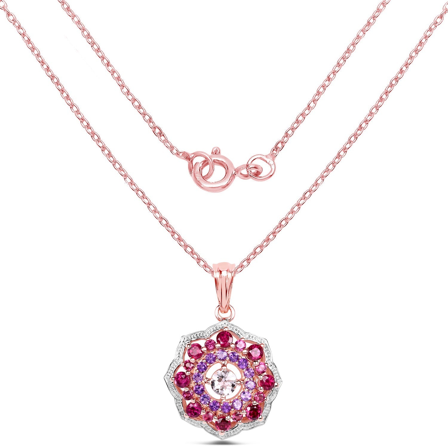 14K Rose Gold Plated 2.30 Carat Genuine Morganite, Rhodolite & Amethyst .925 Sterling Silver Pendant